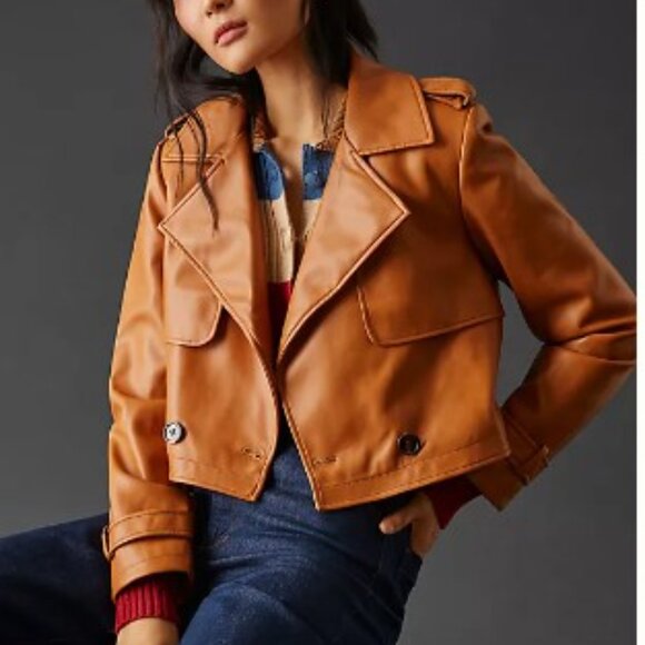 Anthropologie |Avec Les Filles | Faux Leather Caramel Brown Cropped Jacket |SZ S - Picture 6 of 14
